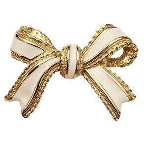 Gold Tone Bow Brooch White Enamel Chunky Designer-Style Pin C856